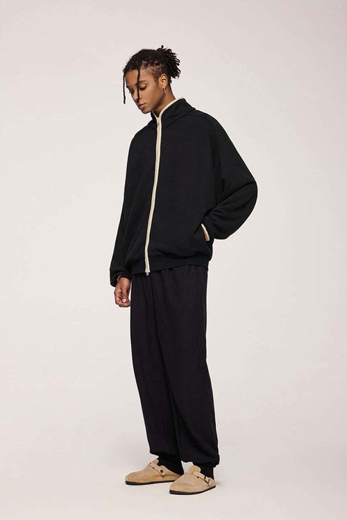 Heavyweight Two-Way Zip Stand-Collar Track Jacket in Active Black - front product view