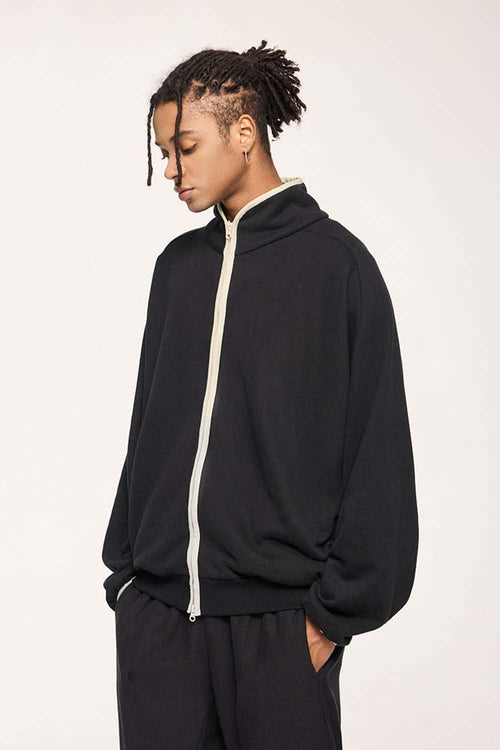 Heavyweight Two-Way Zip Stand-Collar Track Jacket in Active Black - front product view