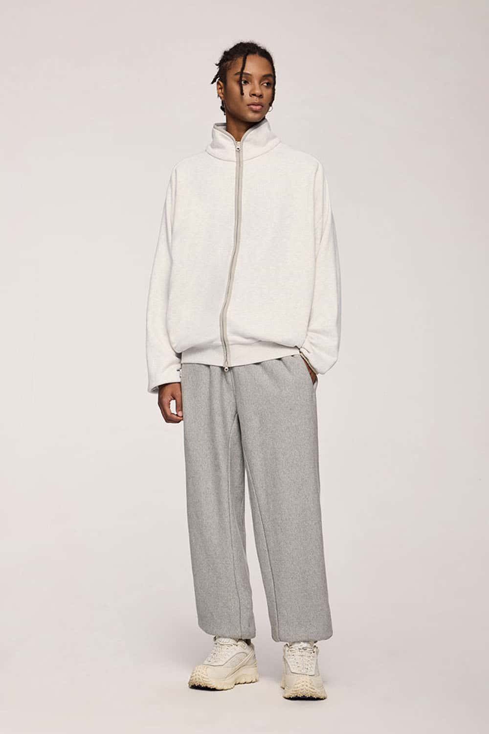 Heavyweight Two-Way Zip Stand-Collar Track Jacket in Flower Gray - front product view
