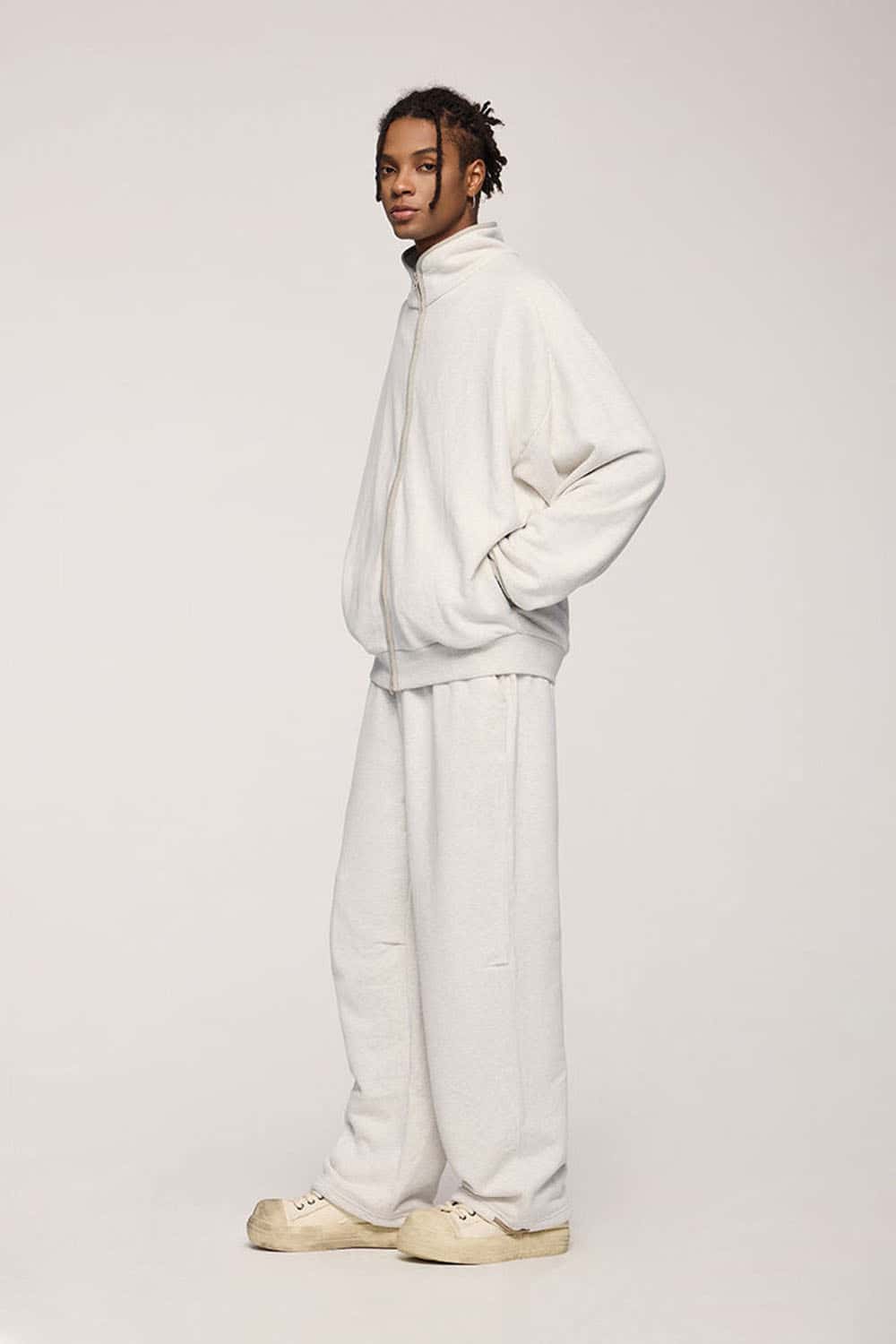 Heavyweight Two-Way Zip Stand-Collar Track Jacket in Flower Gray - front product view