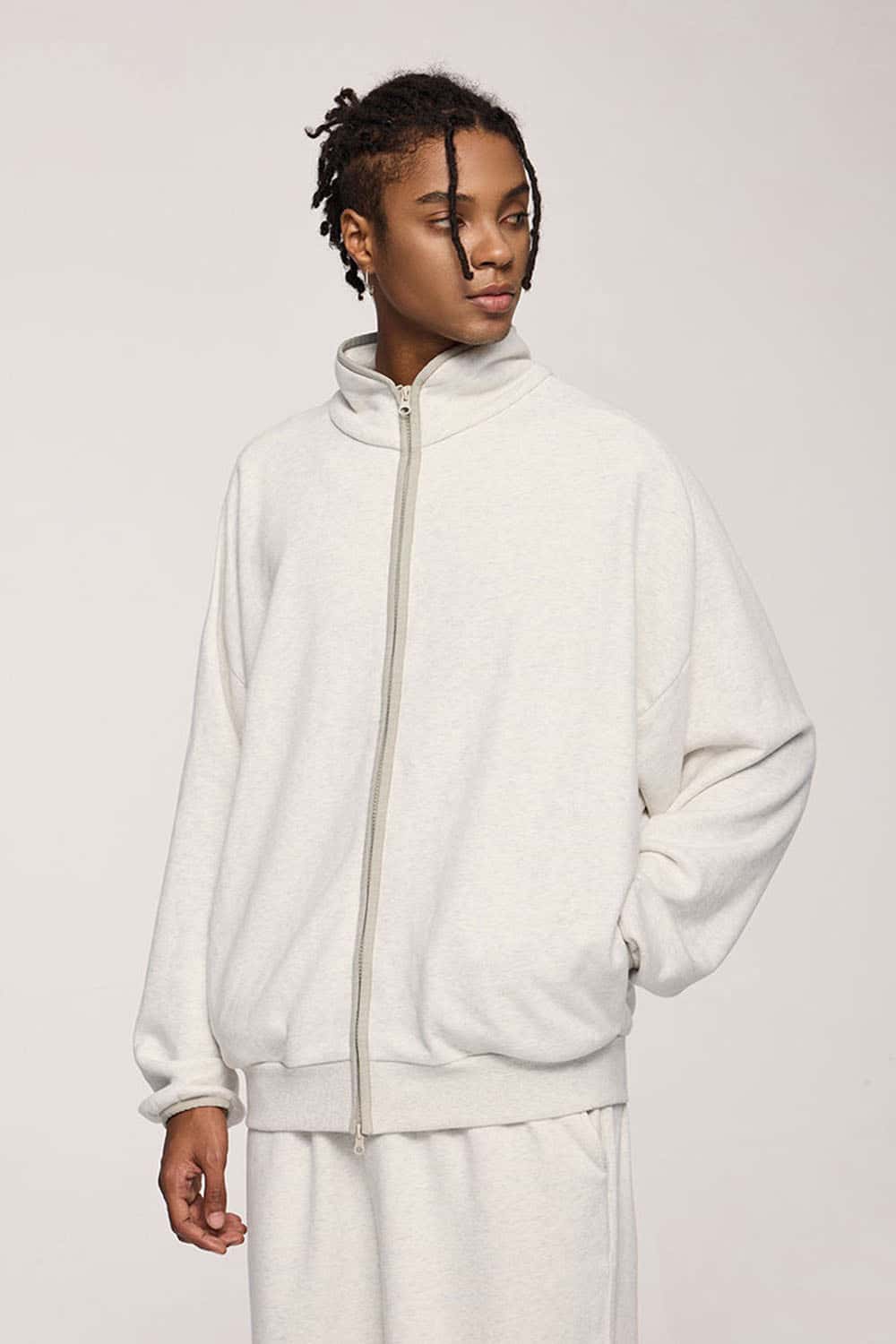 Heavyweight Two-Way Zip Stand-Collar Track Jacket in Flower Gray - front product view