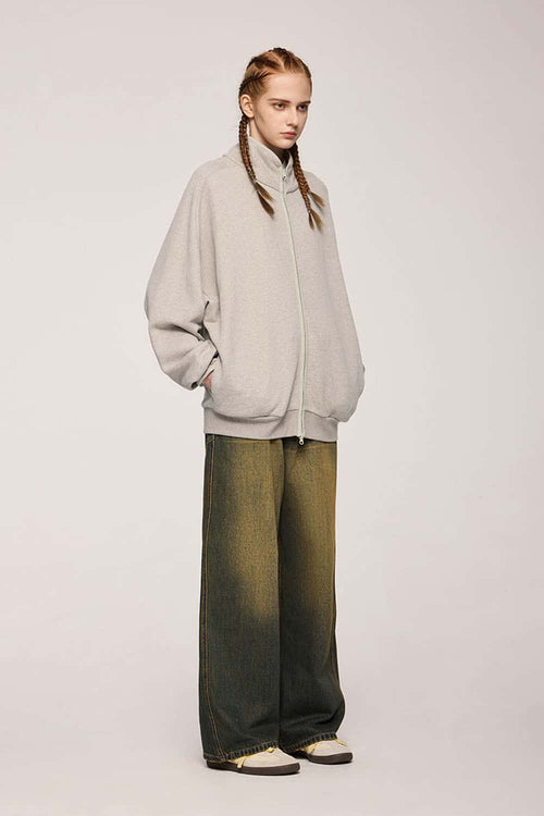 Heavyweight Two-Way Zip Stand-Collar Track Jacket in Heather Gray - front product view