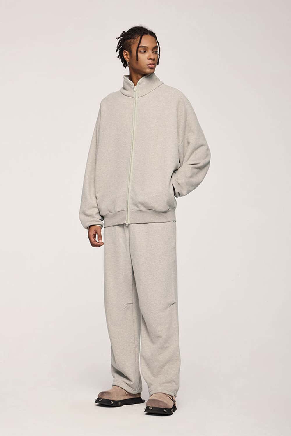 Heavyweight Two-Way Zip Stand-Collar Track Jacket in Heather Gray - front product view