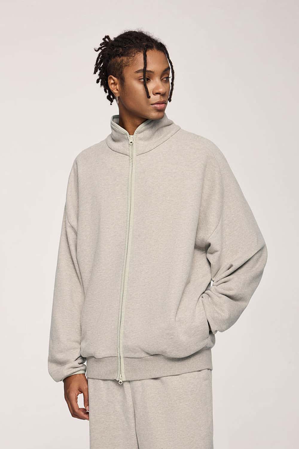 Heavyweight Two-Way Zip Stand-Collar Track Jacket in Heather Gray - product detail close-up