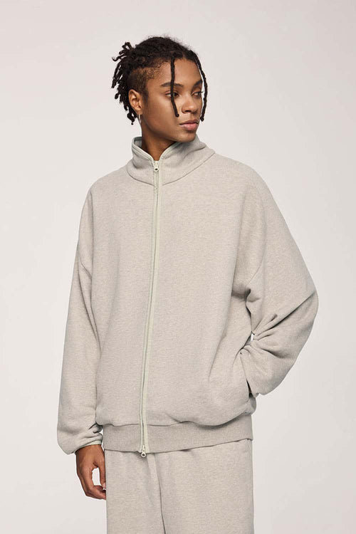 Heavyweight Two-Way Zip Stand-Collar Track Jacket in Heather Gray - product detail close-up