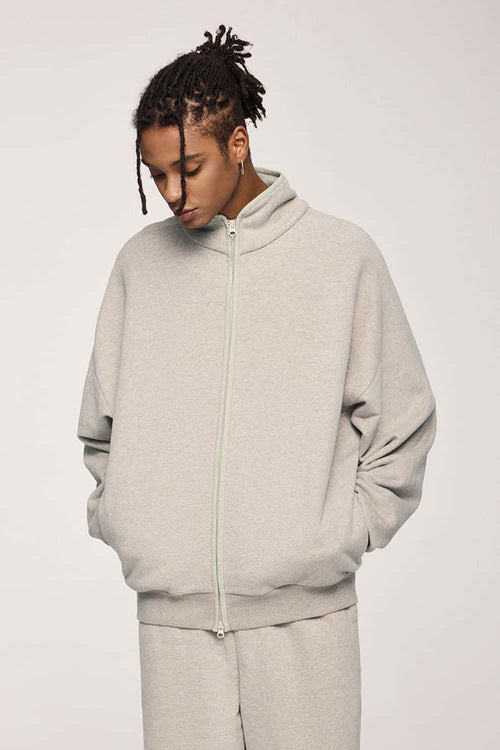 Heavyweight Two-Way Zip Stand-Collar Track Jacket in Heather Gray - product detail close-up