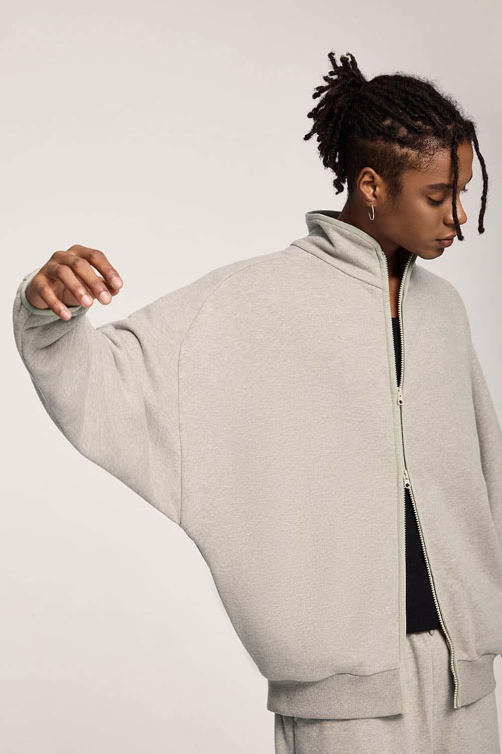 Heavyweight Two-Way Zip Stand-Collar Track Jacket in Heather Gray - product detail close-up