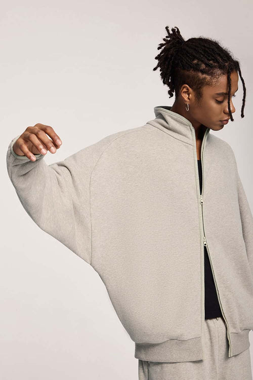 Heavyweight Two-Way Zip Stand-Collar Track Jacket in Heather Gray - product detail close-up