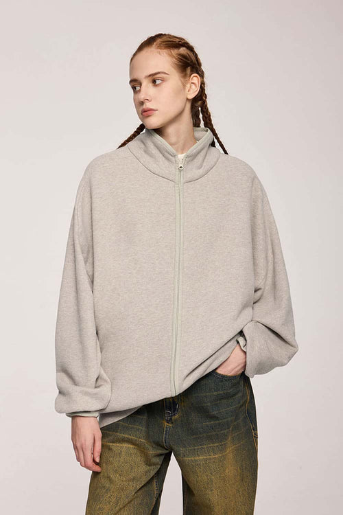 Heavyweight Two-Way Zip Stand-Collar Track Jacket in Heather Gray - front product view