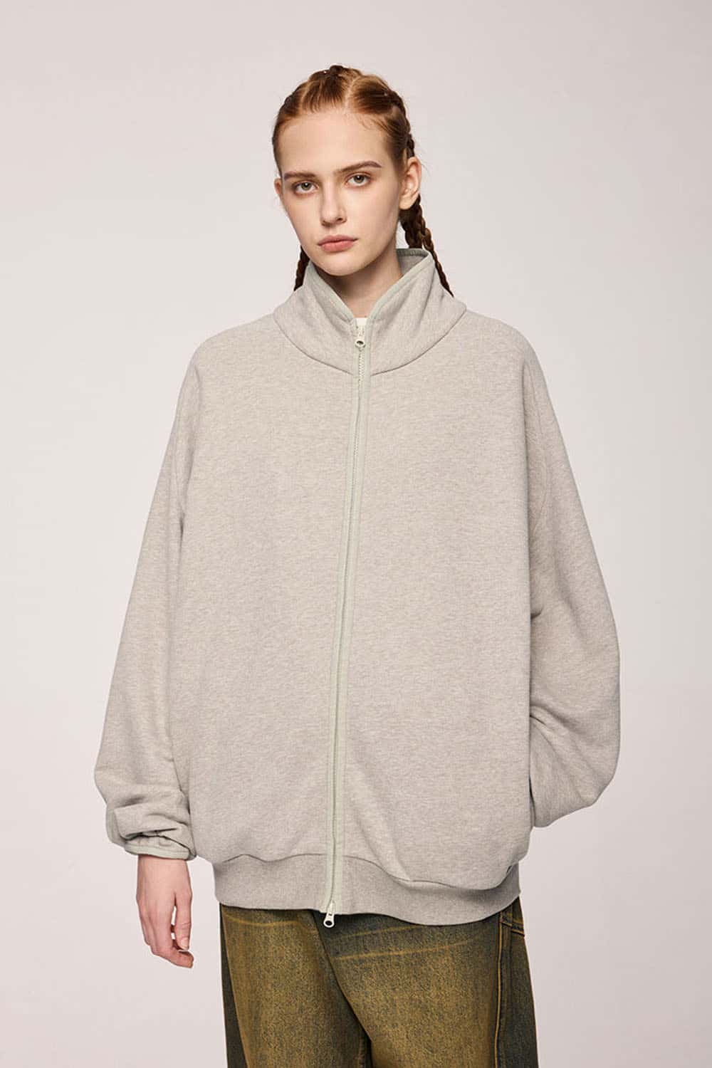 Heavyweight Two-Way Zip Stand-Collar Track Jacket in Heather Gray - front product view