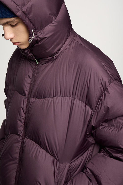 Packable Loose-Fit Hooded Down Jacket - Burgundy