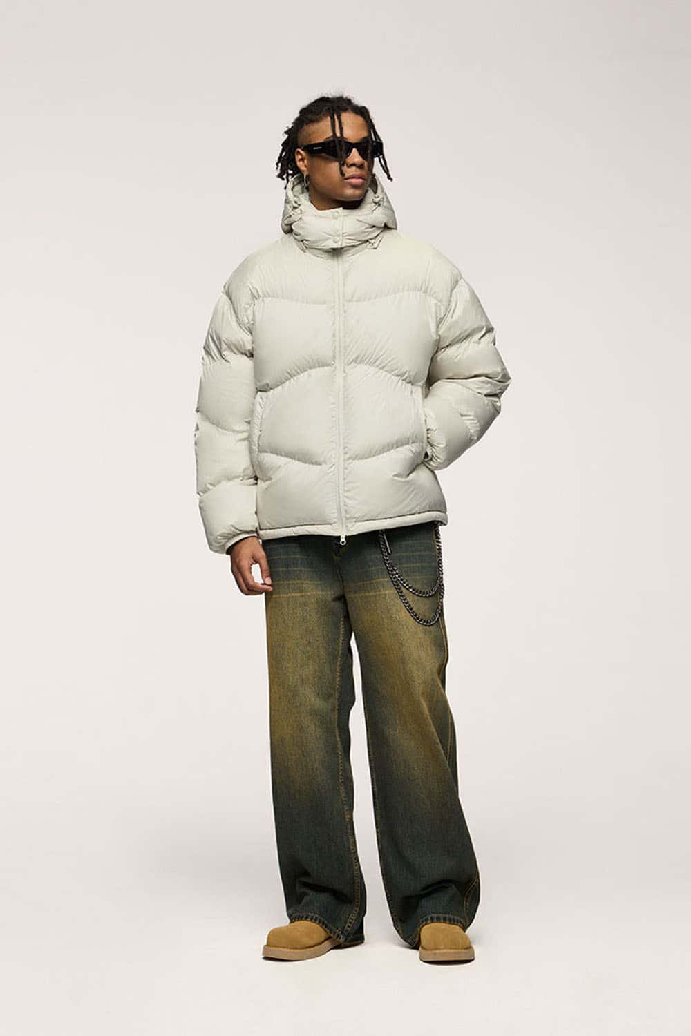 Packable White Duck Down Hooded Puffer Jacket in Apricot - full-length front modeled view