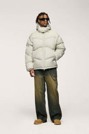 Packable White Duck Down Hooded Puffer Jacket in Apricot - full-length front modeled view