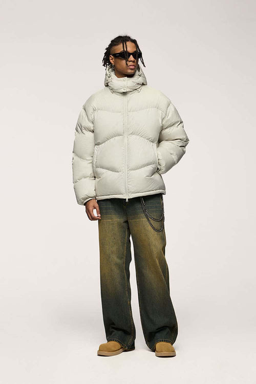 Packable White Duck Down Hooded Puffer Jacket in Apricot - full-length front modeled view