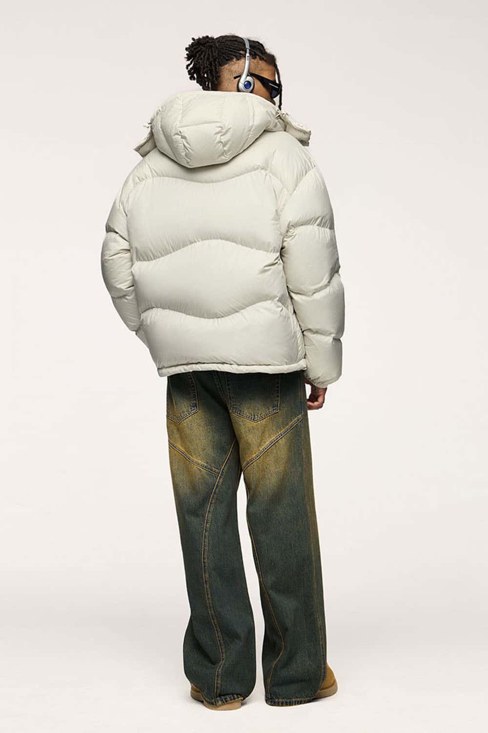 Packable White Duck Down Hooded Puffer Jacket in Apricot - full-length back modeled view