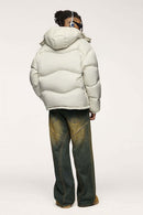 Packable White Duck Down Hooded Puffer Jacket in Apricot - full-length back modeled view