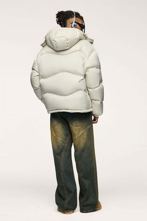 Packable White Duck Down Hooded Puffer Jacket in Apricot - full-length back modeled view