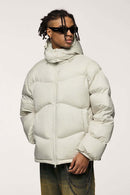 Packable White Duck Down Hooded Puffer Jacket in Apricot - front modeled view