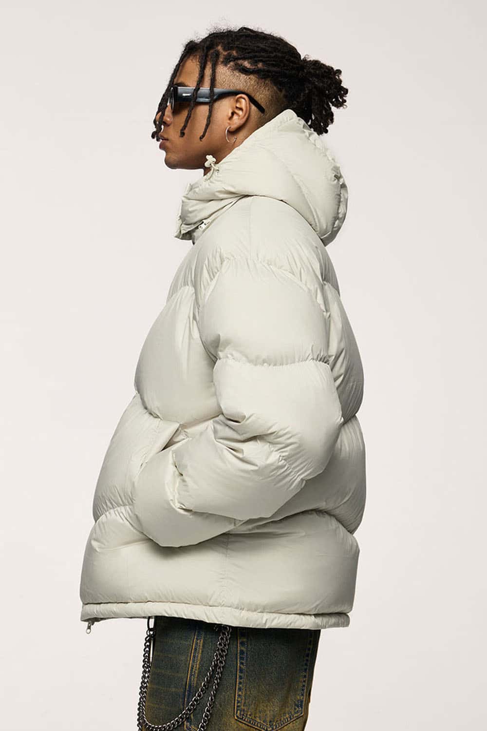Packable White Duck Down Hooded Puffer Jacket in Apricot - product detail close-up