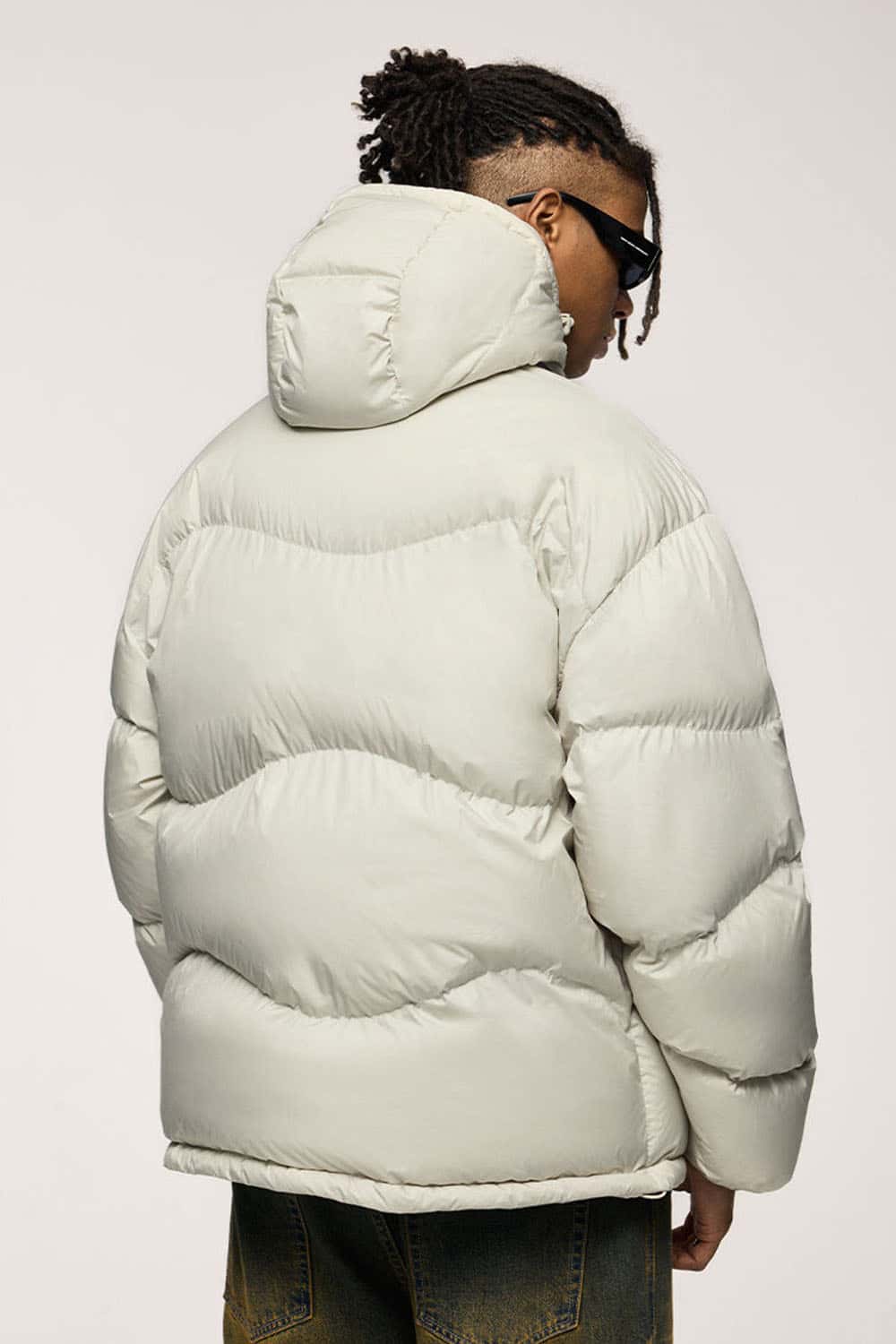 Packable White Duck Down Hooded Puffer Jacket in Apricot - product detail close-up