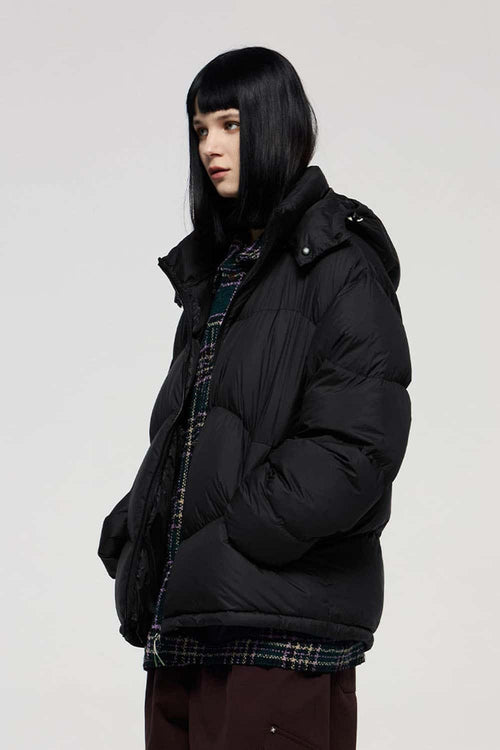 Packable White Duck Down Hooded Puffer Jacket in Black - product detail close-up