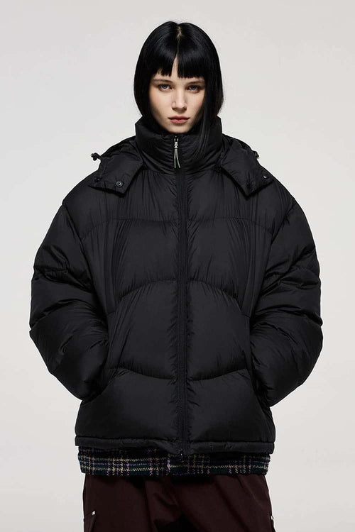 Packable White Duck Down Hooded Puffer Jacket in Black - product detail close-up
