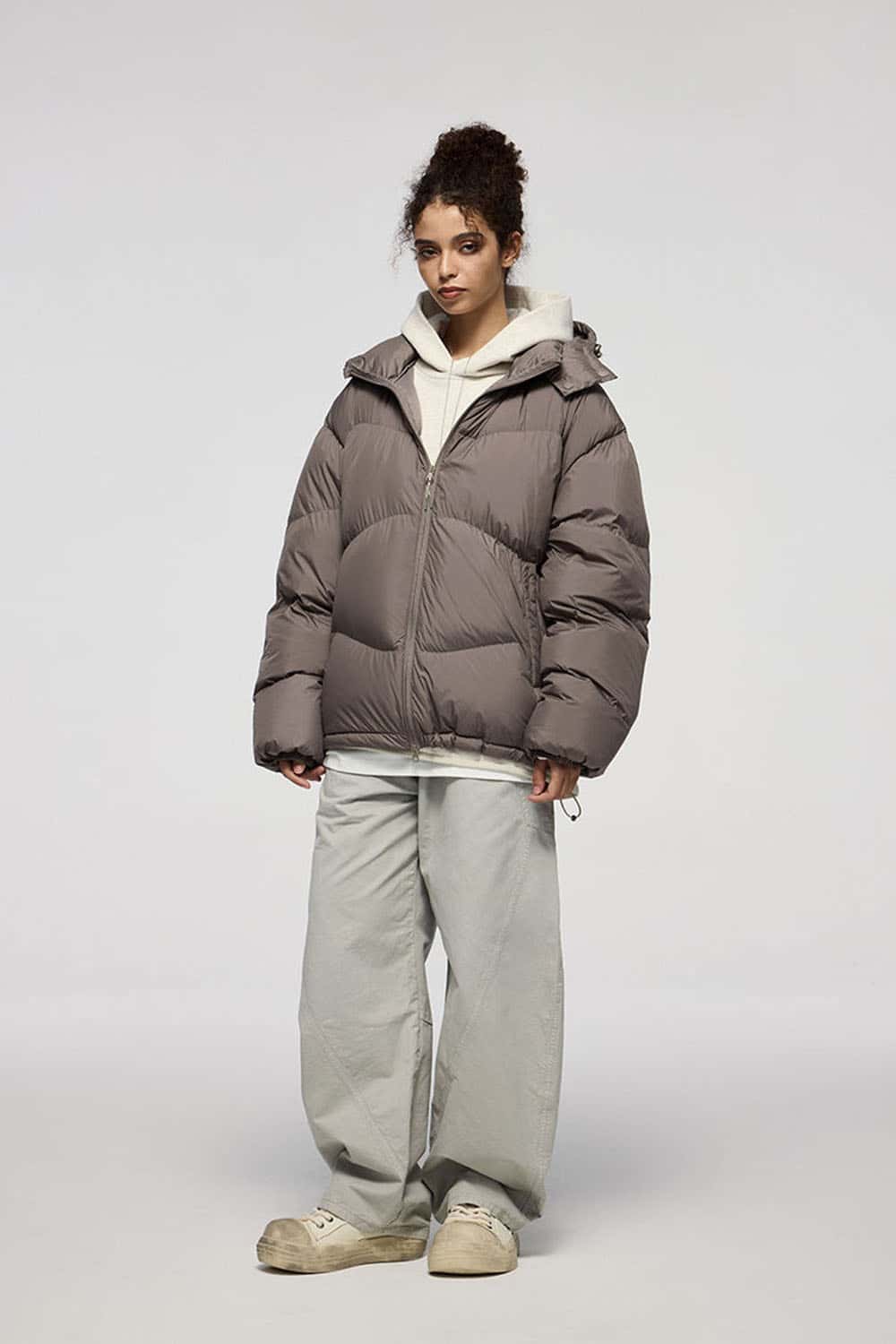 Packable White Duck Down Hooded Puffer Jacket in Brown - full-length front modeled view