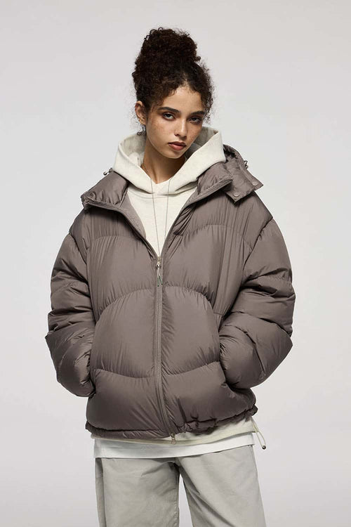 Packable White Duck Down Hooded Puffer Jacket in Brown - front modeled view