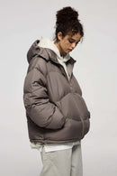 Packable White Duck Down Hooded Puffer Jacket in Brown - product detail close-up
