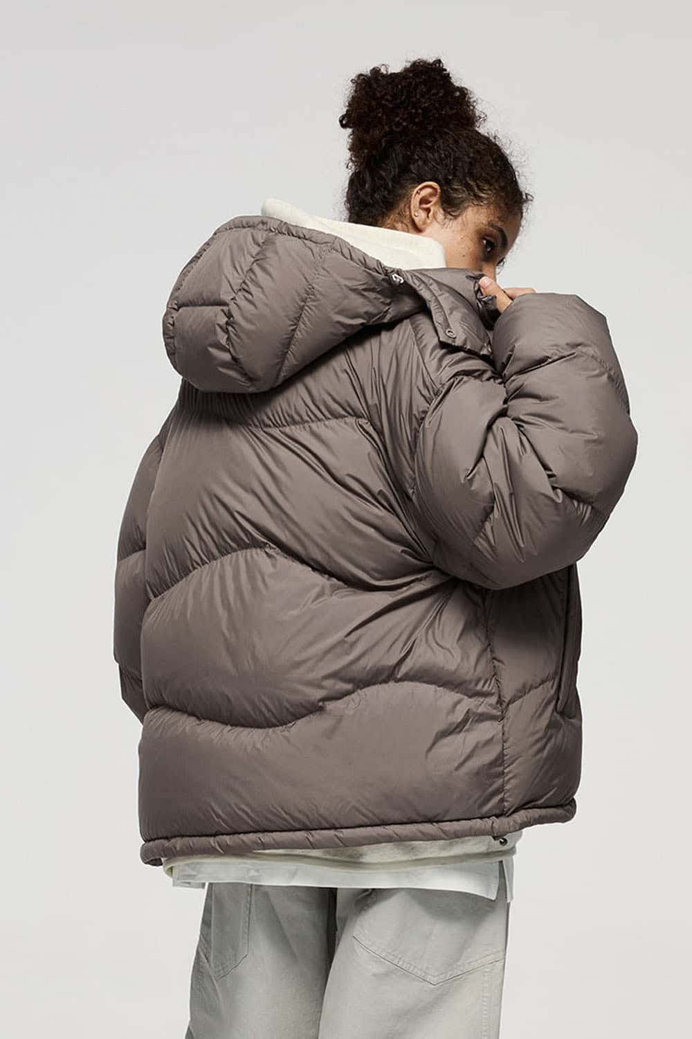 Packable White Duck Down Hooded Puffer Jacket in Brown - product detail close-up