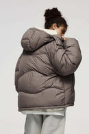 Packable White Duck Down Hooded Puffer Jacket in Brown - product detail close-up