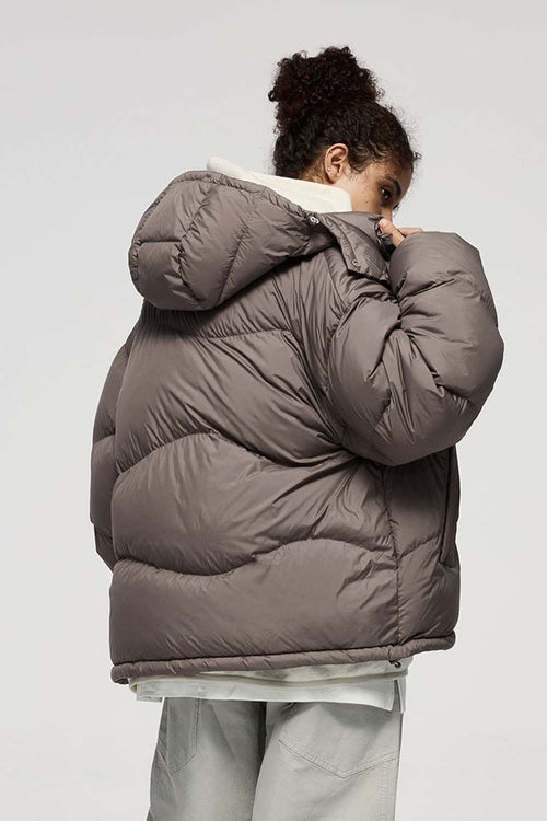 Packable White Duck Down Hooded Puffer Jacket in Brown - product detail close-up