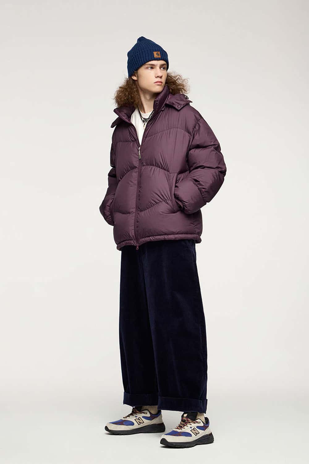 Packable White Duck Down Hooded Puffer Jacket in Burgundy - full-length front modeled view