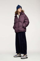 Packable White Duck Down Hooded Puffer Jacket in Burgundy - full-length front modeled view