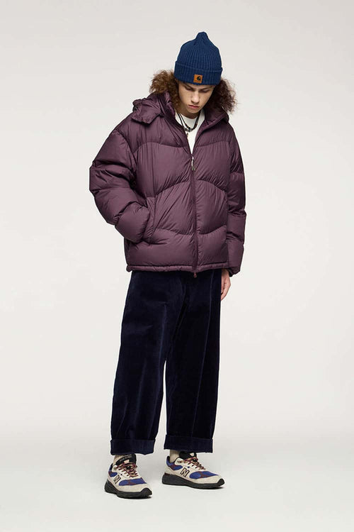 Packable White Duck Down Hooded Puffer Jacket in Burgundy - full-length front modeled view