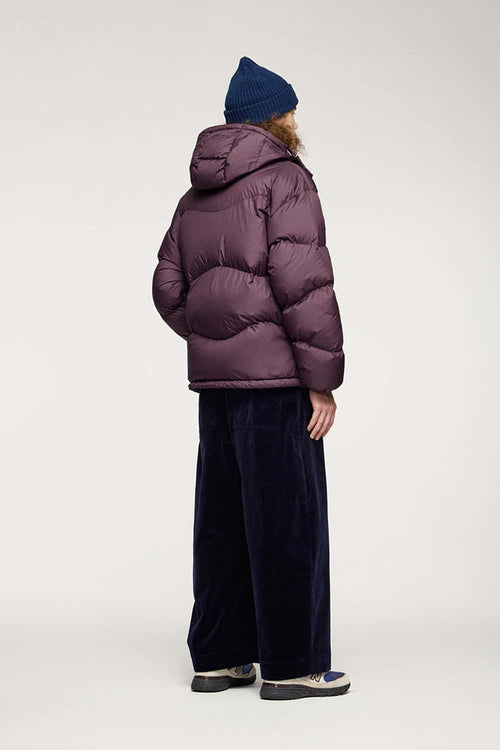 Packable White Duck Down Hooded Puffer Jacket in Burgundy - full-length back modeled view