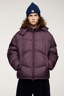 Packable White Duck Down Hooded Puffer Jacket in Burgundy - front modeled view