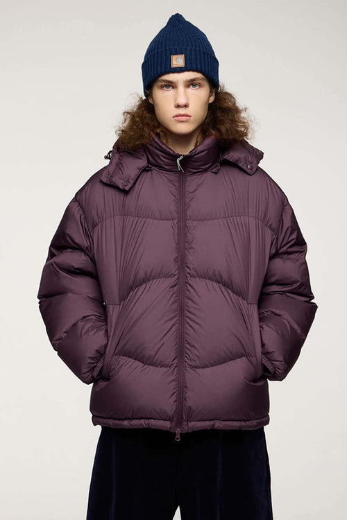 Packable White Duck Down Hooded Puffer Jacket in Burgundy - front modeled view