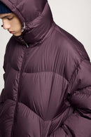 Packable White Duck Down Hooded Puffer Jacket in Burgundy - product detail close-up