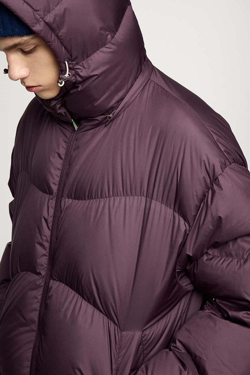 Packable White Duck Down Hooded Puffer Jacket in Burgundy - product detail close-up