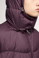 Packable White Duck Down Hooded Puffer Jacket in Burgundy - product detail close-up