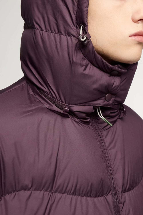 Packable White Duck Down Hooded Puffer Jacket in Burgundy - product detail close-up