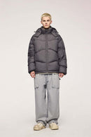 Packable White Duck Down Hooded Puffer Jacket in Dark Gray - full-length front modeled view