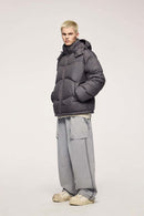 Packable White Duck Down Hooded Puffer Jacket in Dark Gray - full-length front modeled view