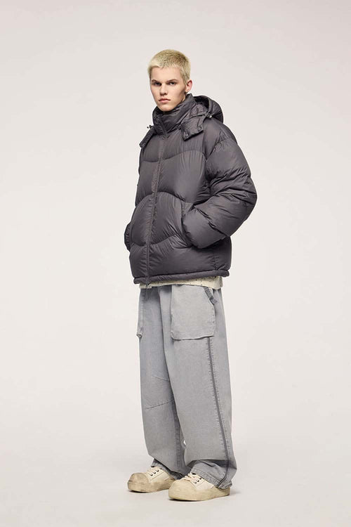 Packable White Duck Down Hooded Puffer Jacket in Dark Gray - full-length front modeled view