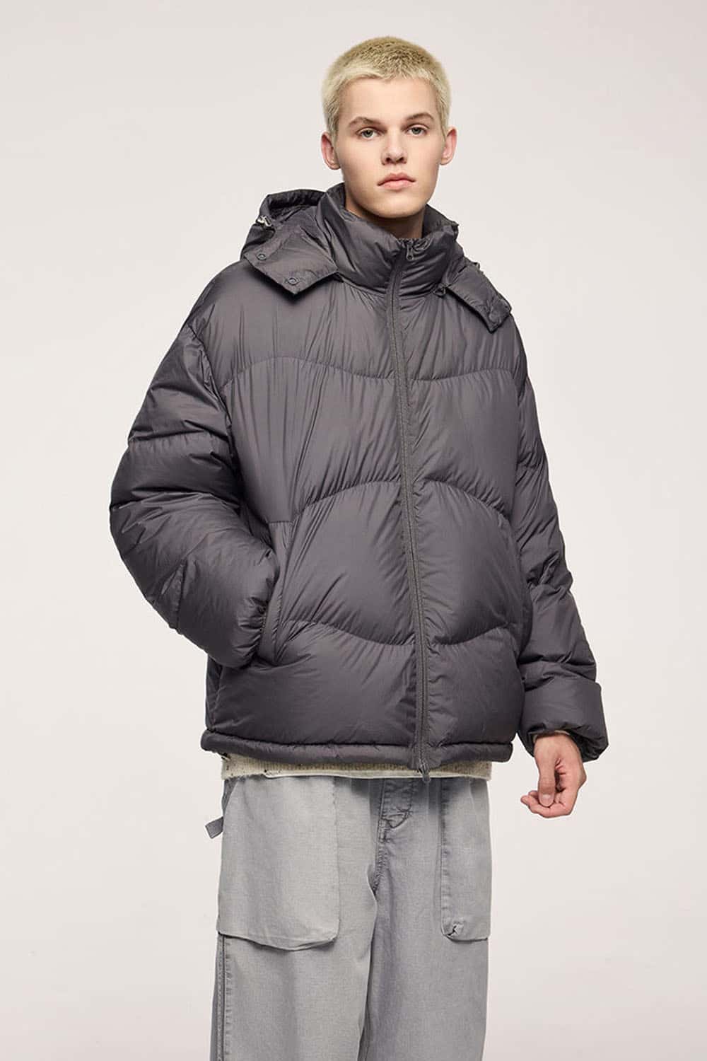 Packable White Duck Down Hooded Puffer Jacket in Dark Gray - front modeled view