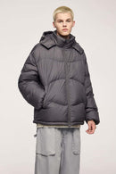 Packable White Duck Down Hooded Puffer Jacket in Dark Gray - front modeled view
