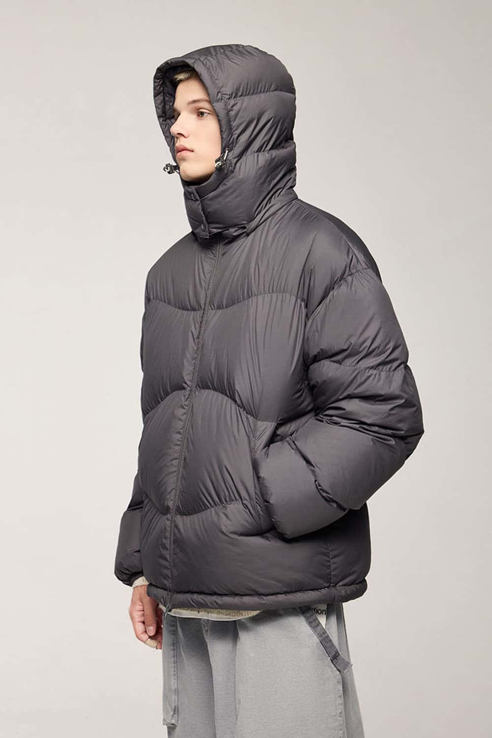 Packable White Duck Down Hooded Puffer Jacket in Dark Gray - front modeled view