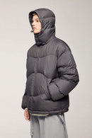 Packable White Duck Down Hooded Puffer Jacket in Dark Gray - front modeled view
