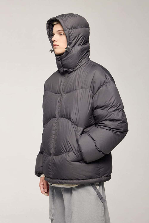 Packable White Duck Down Hooded Puffer Jacket in Dark Gray - front modeled view